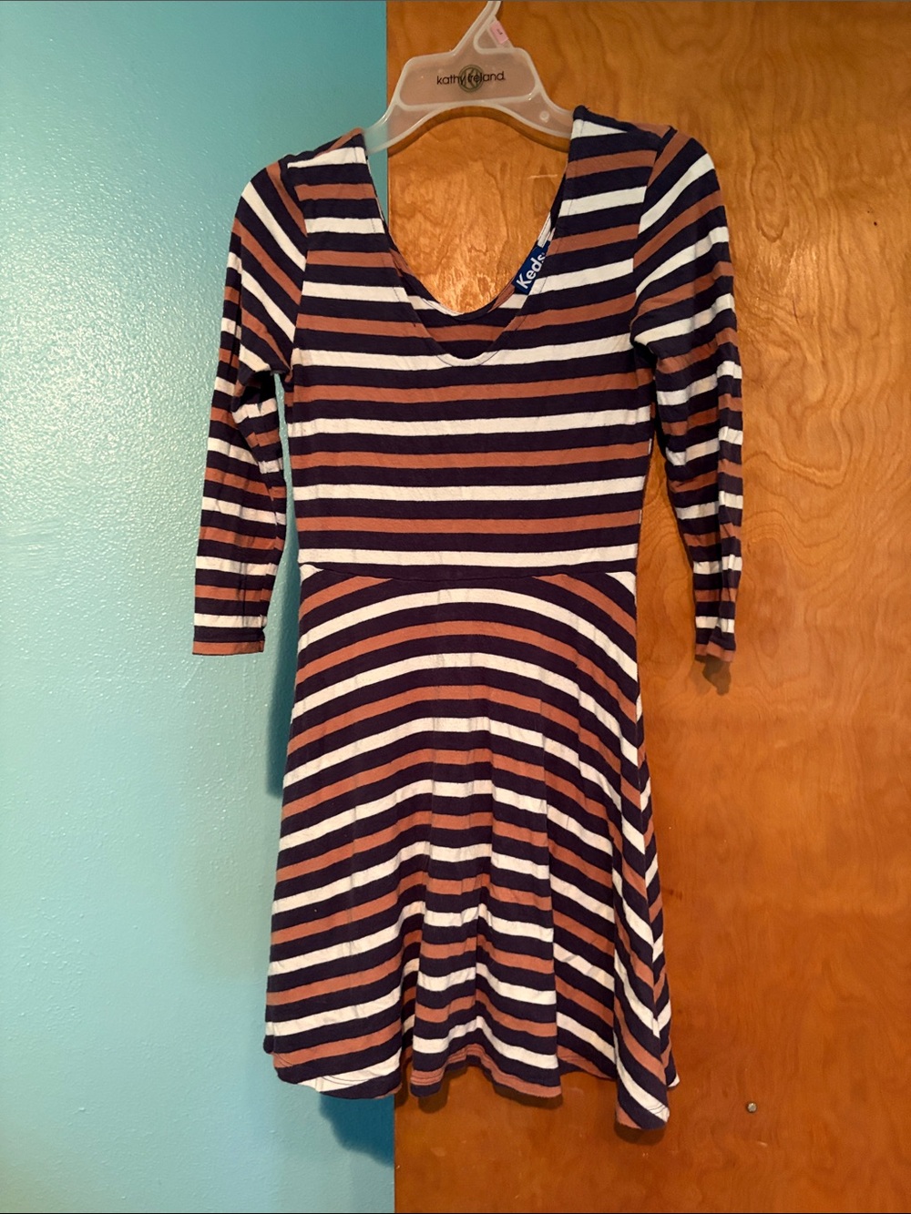 Keds Navy, Rust & White Striped 3/4 length -Sleeve Fit-and-Flare Dress